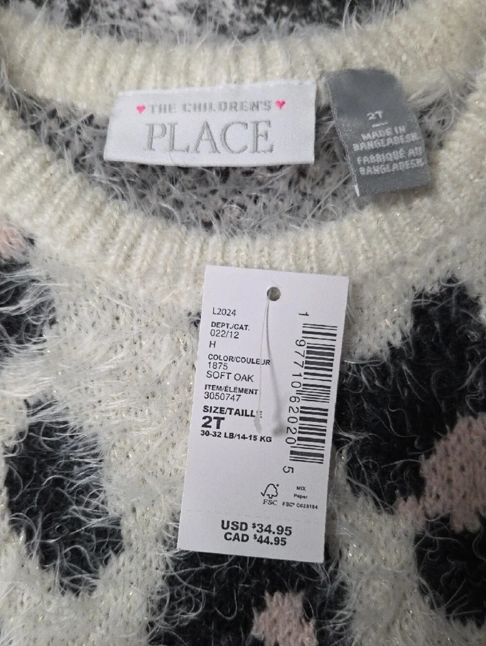 The Children's Place Cream & Pink Leopard Fuzzy Sweater
